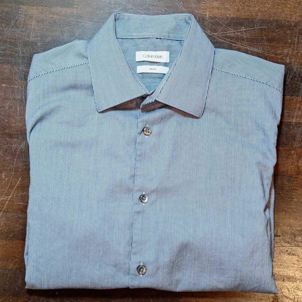 Calvin Klein Men's Black & White Slim-Fit Button Down Long Sleeve Shirt | Size M